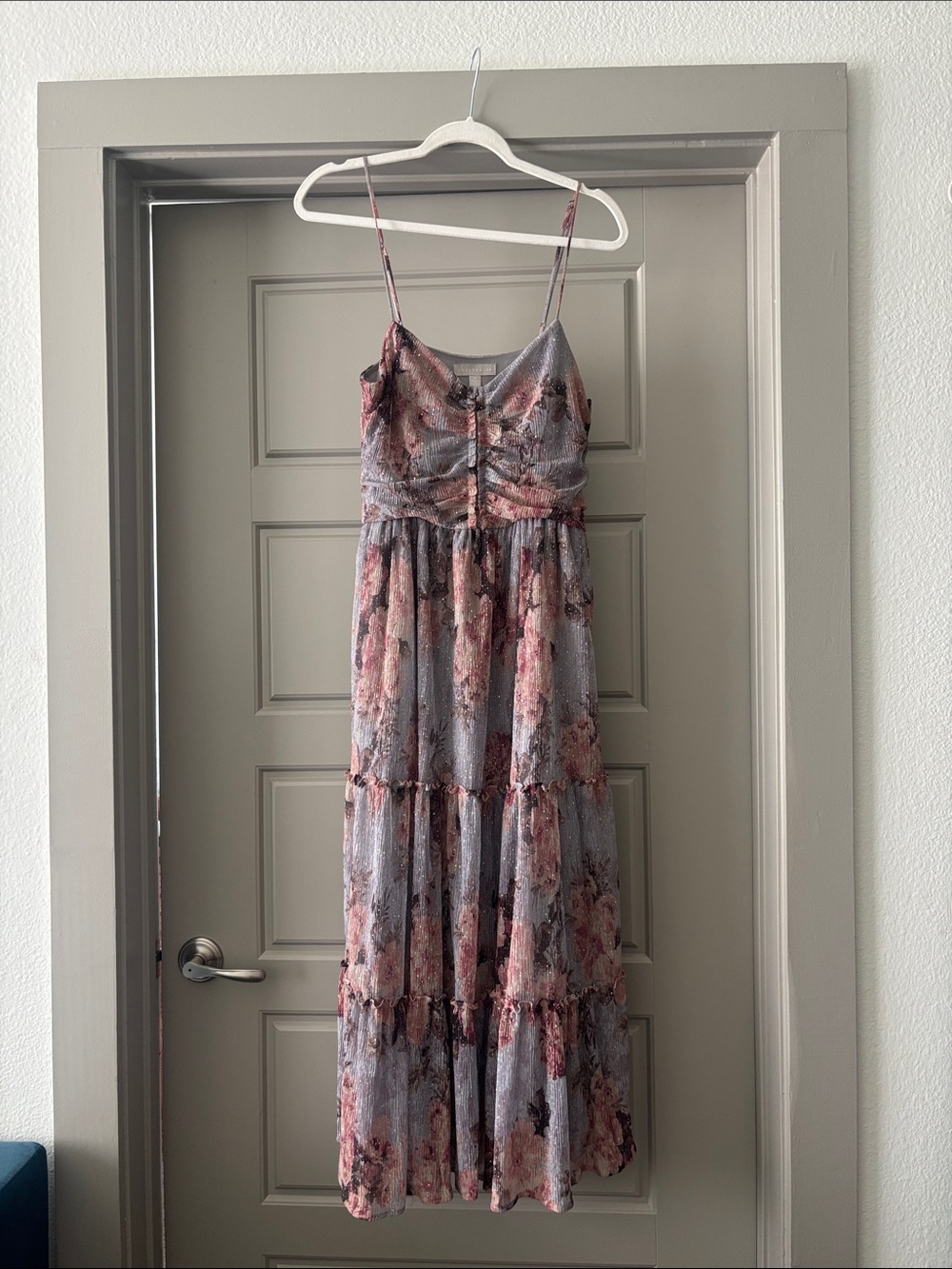 Chelsea28 Pink and Gray Floral Tiered Maxi Dress
